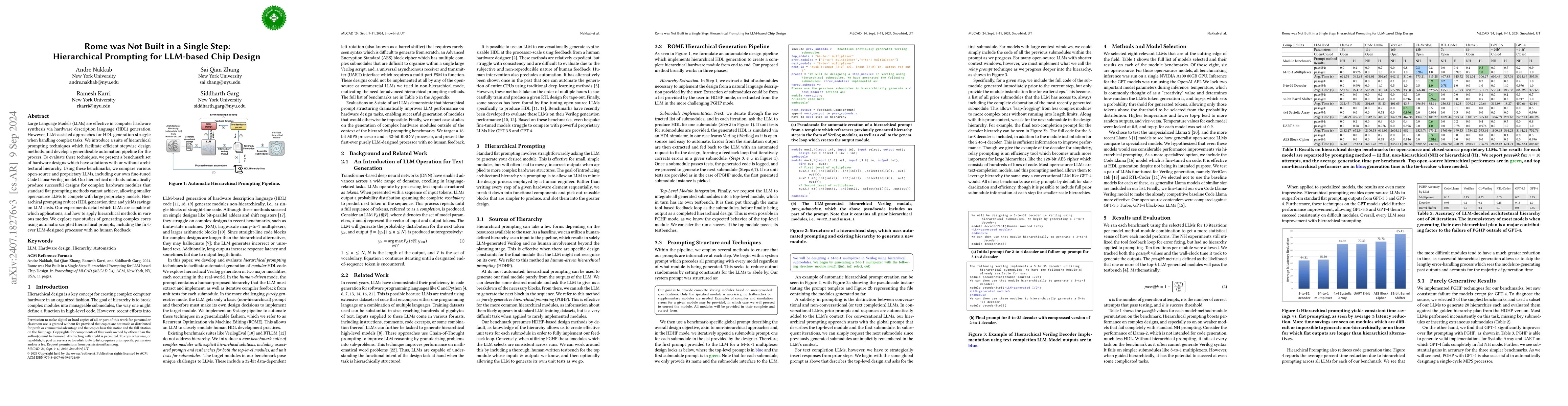 Thumbnail for Rome was Not Built in a Single Step: Hierarchical Prompting for
  LLM-based Chip Design