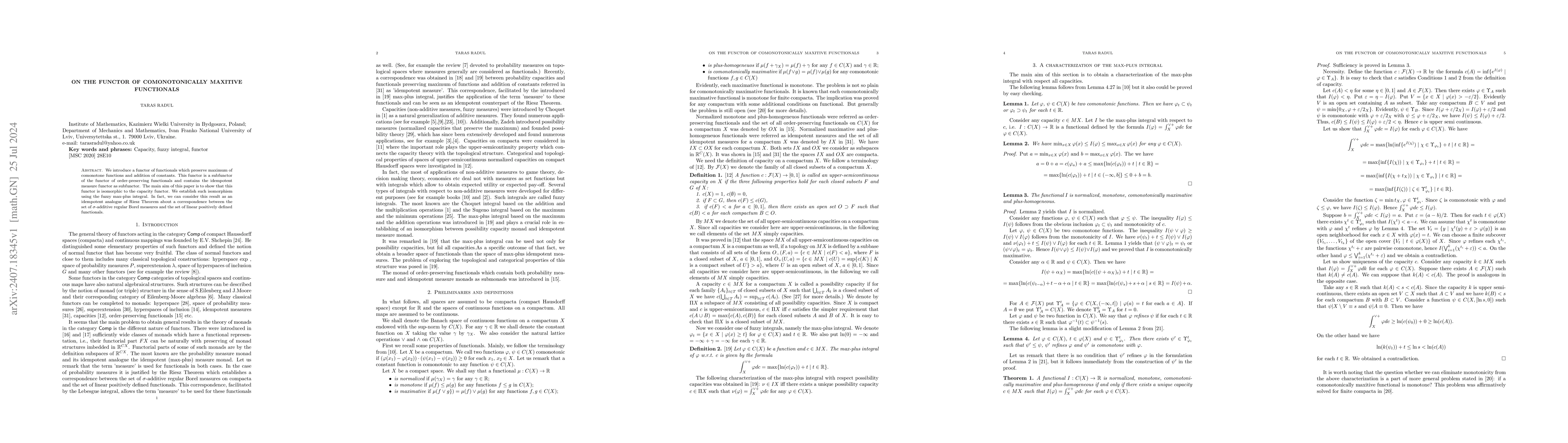 Thumbnail for On the functor of comonotonically maxitive functionals