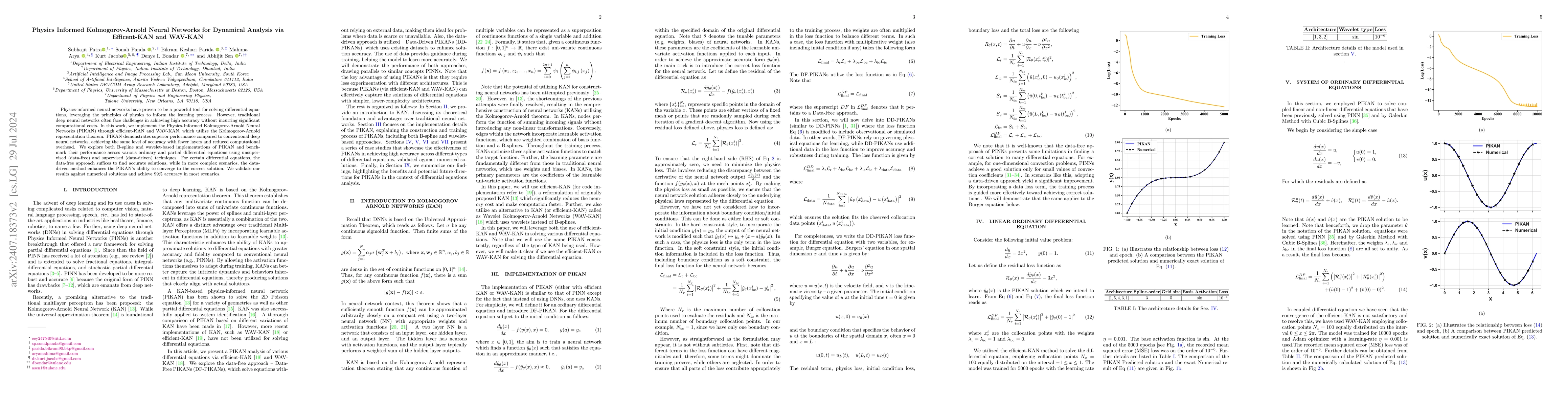 Thumbnail for Physics Informed Kolmogorov-Arnold Neural Networks for Dynamical
  Analysis via Efficent-KAN and WAV-KAN