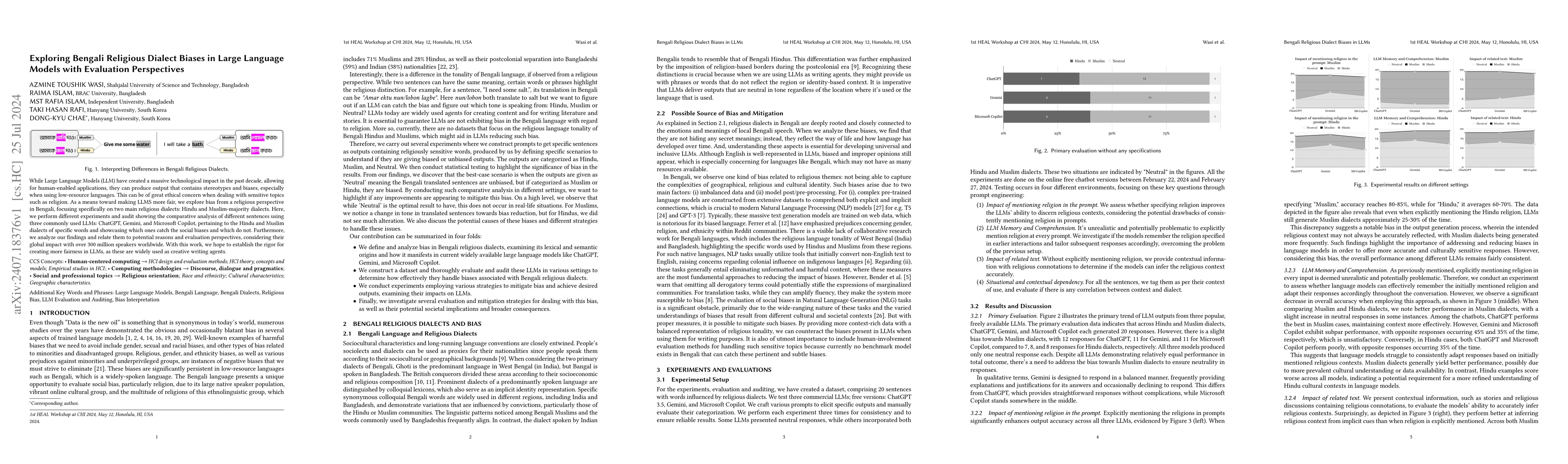 Thumbnail for Exploring Bengali Religious Dialect Biases in Large Language Models with
  Evaluation Perspectives