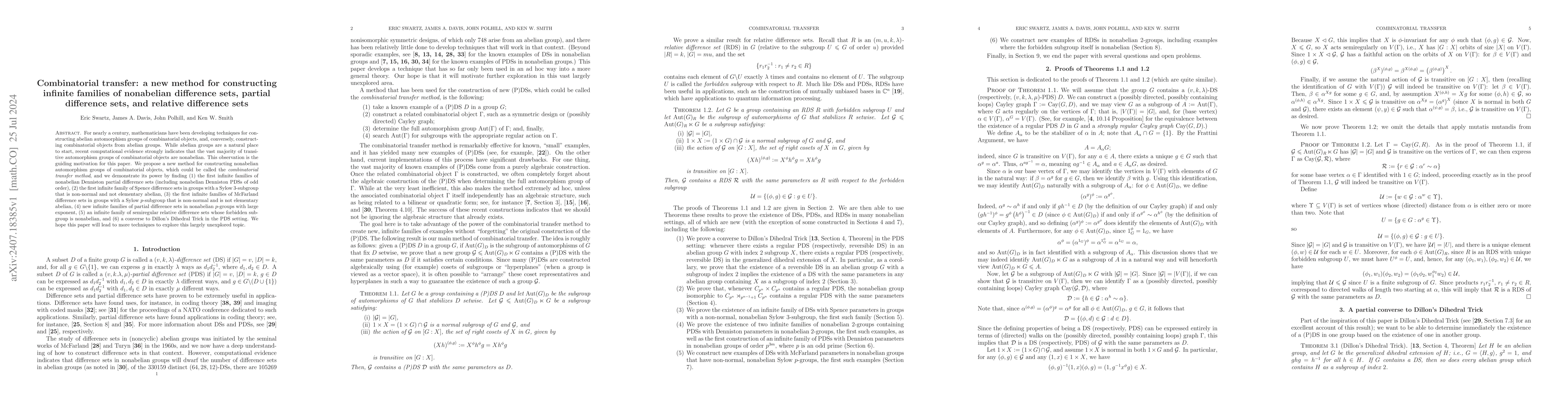 Thumbnail for Combinatorial transfer: a new method for constructing infinite families
  of nonabelian difference sets, partial difference sets, and relative
  difference sets