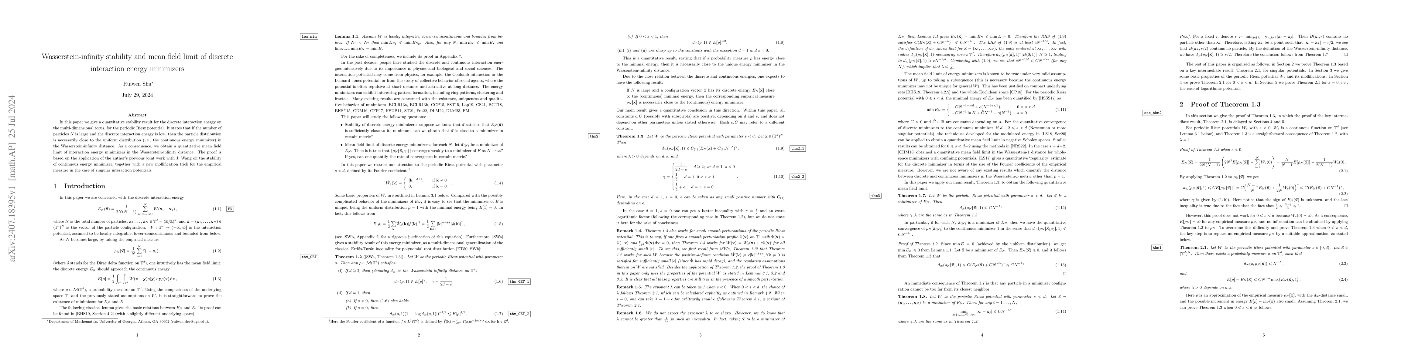Thumbnail for Wasserstein-infinity stability and mean field limit of discrete
  interaction energy minimizers