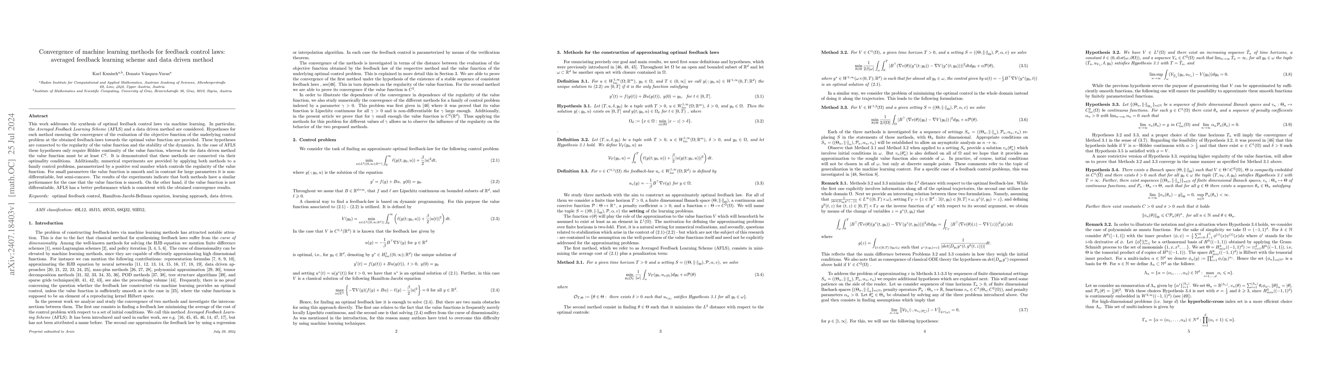 Thumbnail for Convergence of machine learning methods for feedback control laws:
  averaged feedback learning scheme and data driven method