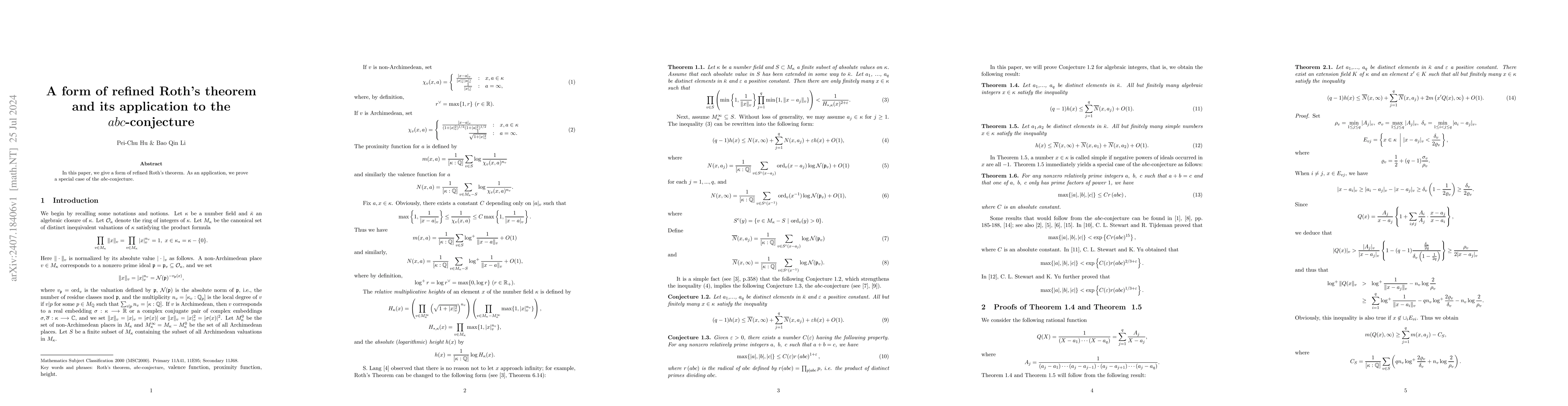Thumbnail for A form of refined Roth's theorem and its application to the
  $abc$-conjecture