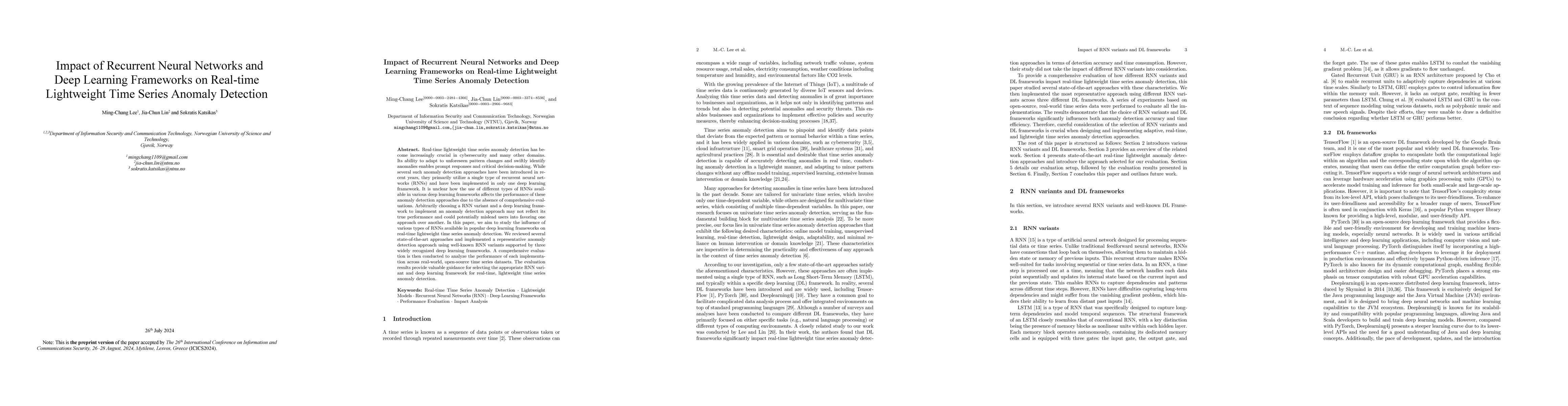 Thumbnail for Impact of Recurrent Neural Networks and Deep Learning Frameworks on
  Real-time Lightweight Time Series Anomaly Detection