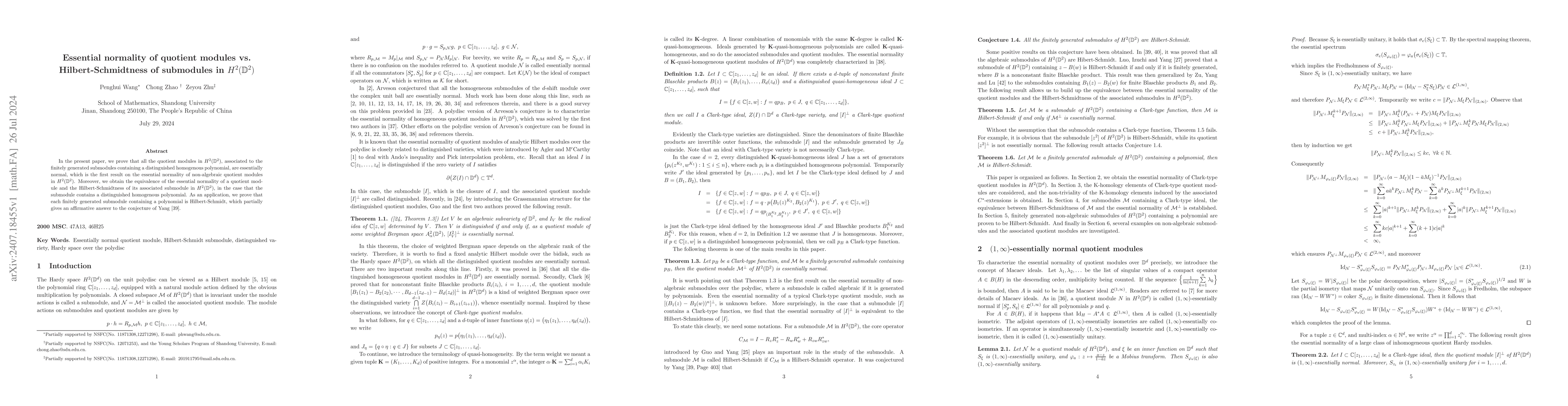 Thumbnail for Essential normality of quotient modules vs. Hilbert-Schmidtness of
  submodules in $H^2(\mathbb D^2)$