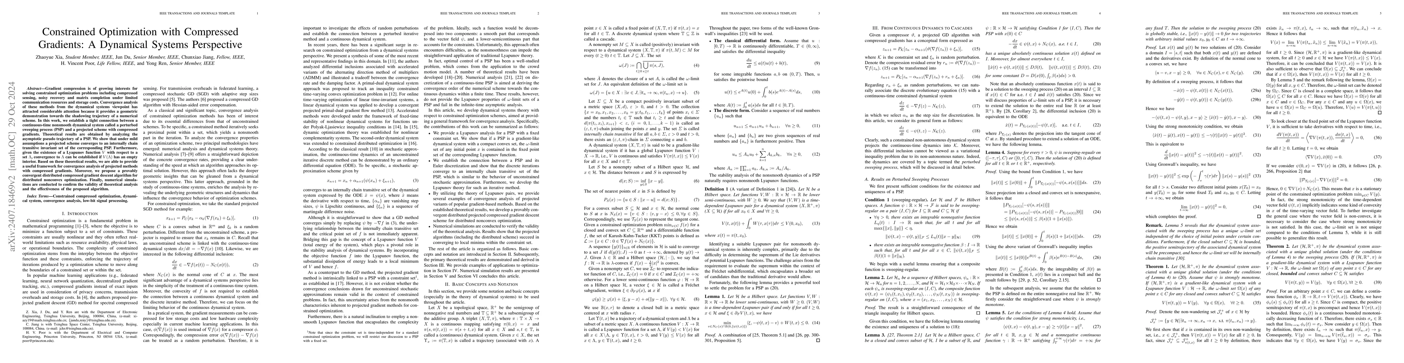 Thumbnail for Constrained Optimization with Compressed Gradients: A Dynamical Systems
  Perspective