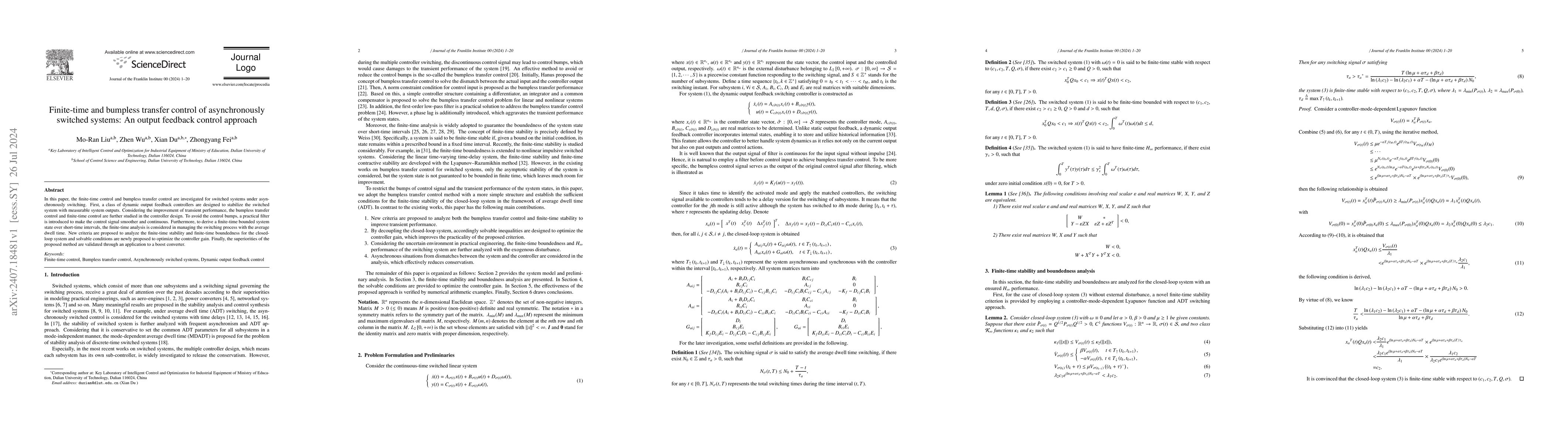 Thumbnail for Finite-time and bumpless transfer control of asynchronously switched
  systems: An output feedback control approach