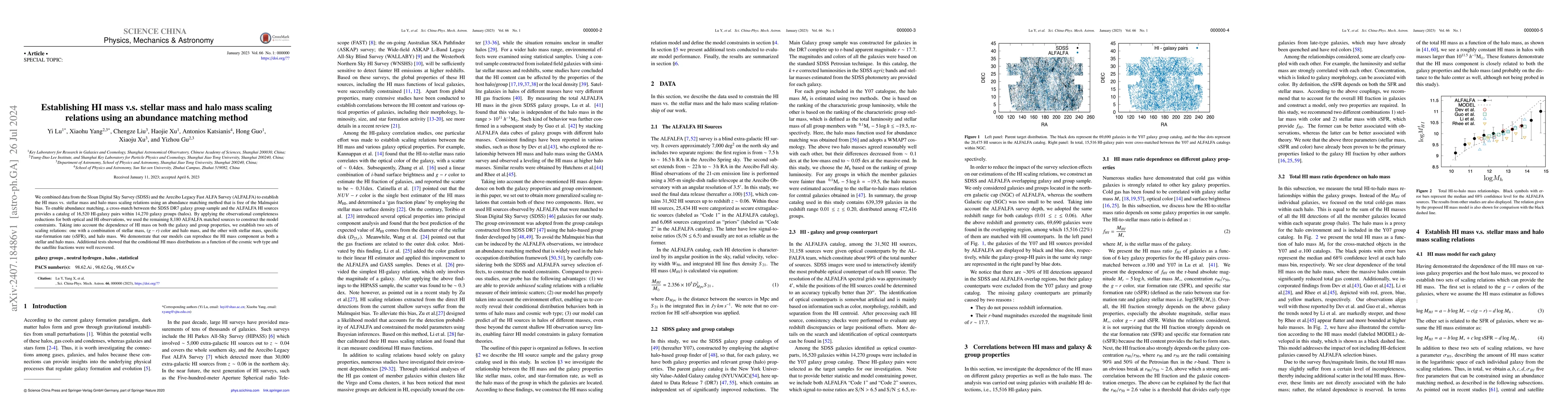 Thumbnail for Establishing HI mass v.s. stellar mass and halo mass scaling relations
  using an abundance matching method