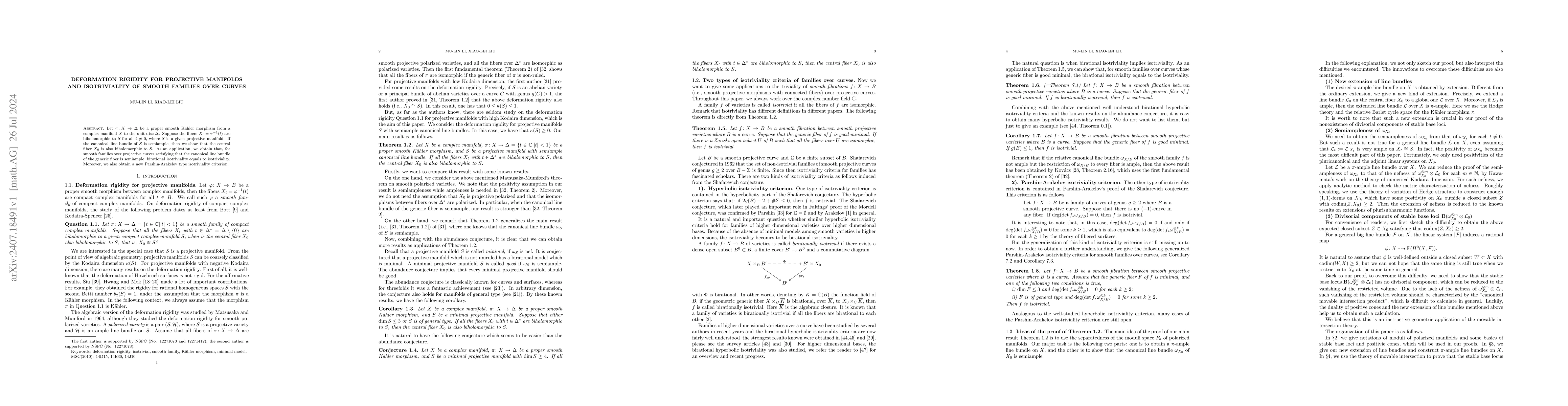Thumbnail for Deformation rigidity for projective manifolds and isotriviality of
  smooth families over curves
