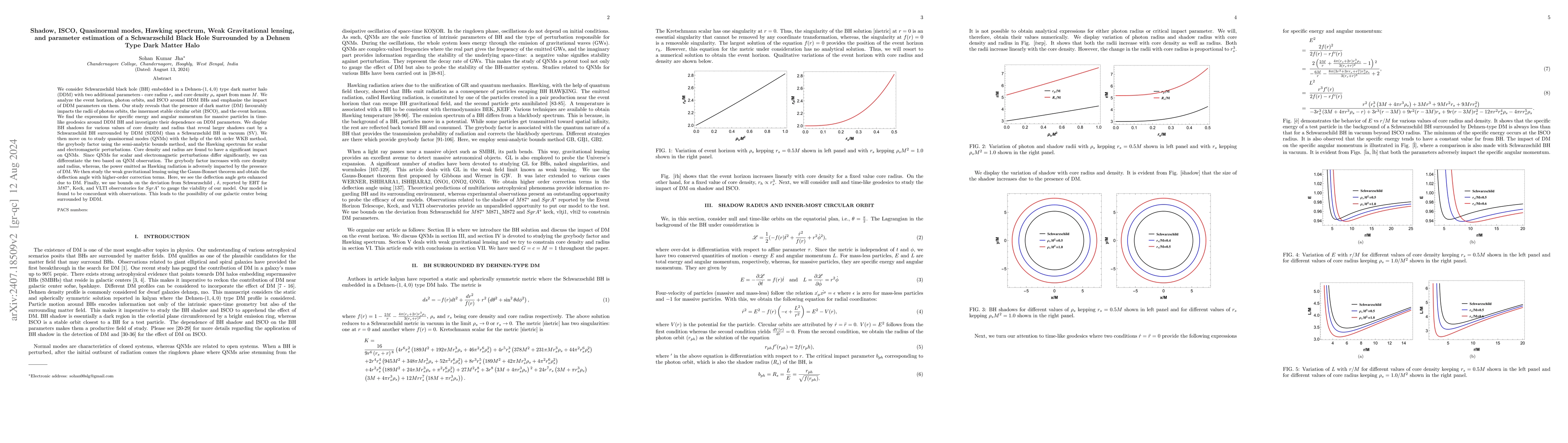 Thumbnail for Shadow, ISCO, Quasinormal modes, Hawking spectrum, Weak Gravitational
  lensing, and parameter estimation of a Schwarzschild Black Hole Surrounded by
  a Dehnen Type Dark Matter Halo