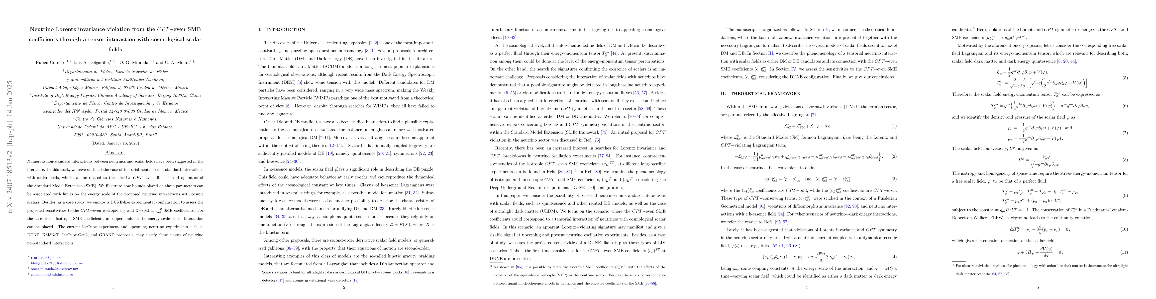 Thumbnail for Neutrino Lorentz invariance violation from the CPT-even SME coefficients
  through a tensor interaction with cosmological scalar fields