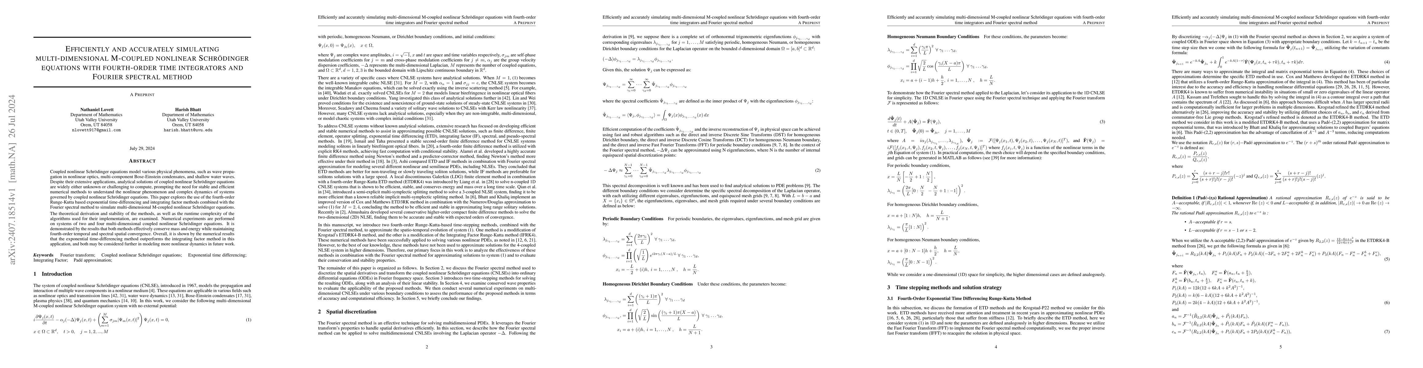 Thumbnail for Efficiently and accurately simulating multi-dimensional M-coupled
  nonlinear Schrödinger equations with fourth-order time integrators and
  Fourier spectral method