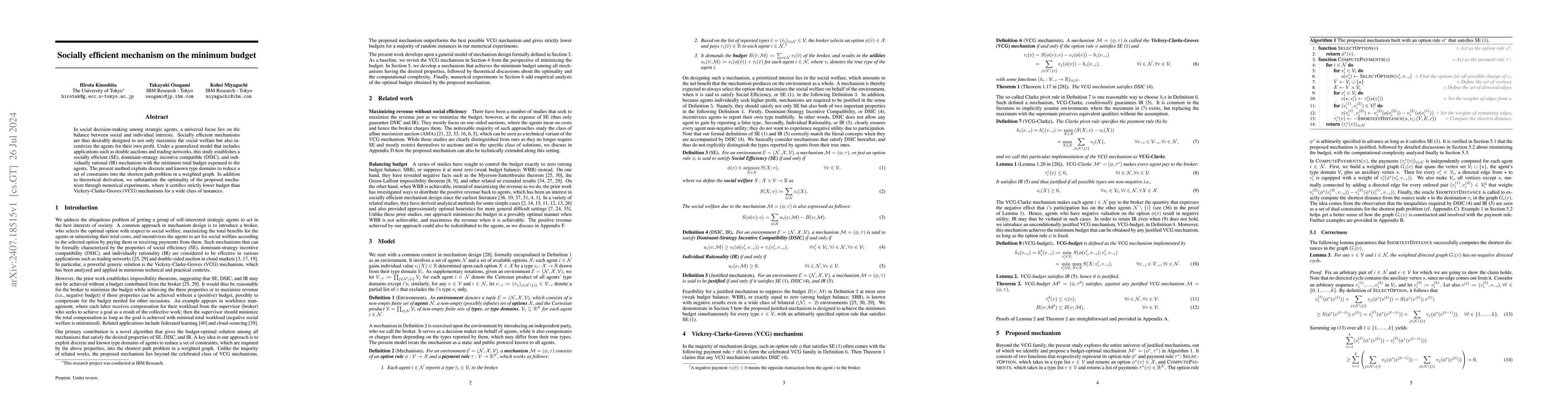 Thumbnail for Socially efficient mechanism on the minimum budget