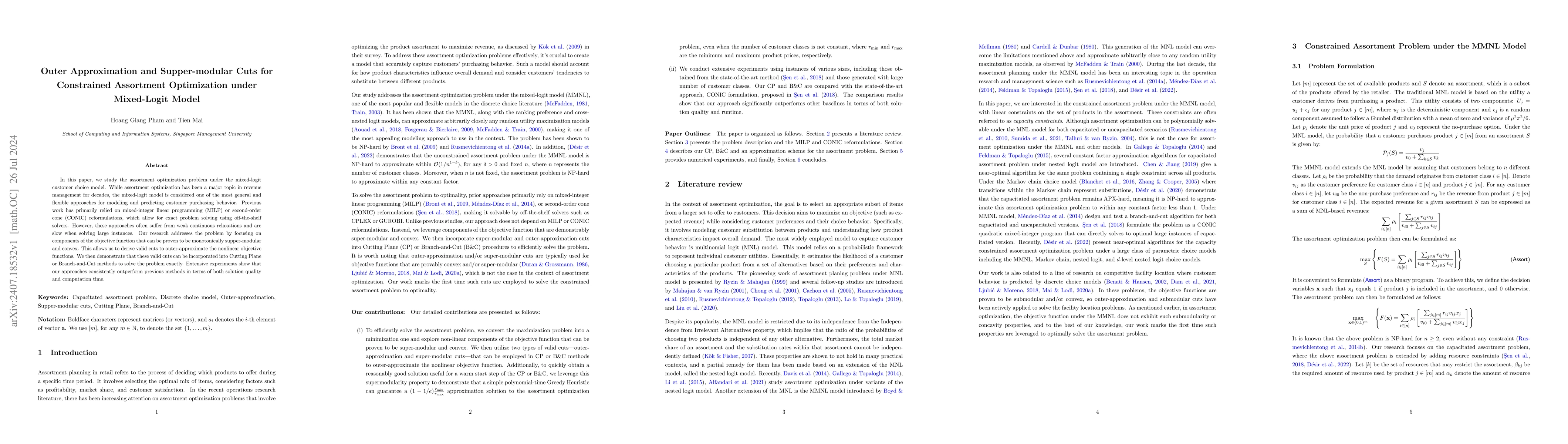 Thumbnail for Outer Approximation and Super-modular Cuts for Constrained Assortment
  Optimization under Mixed-Logit Model