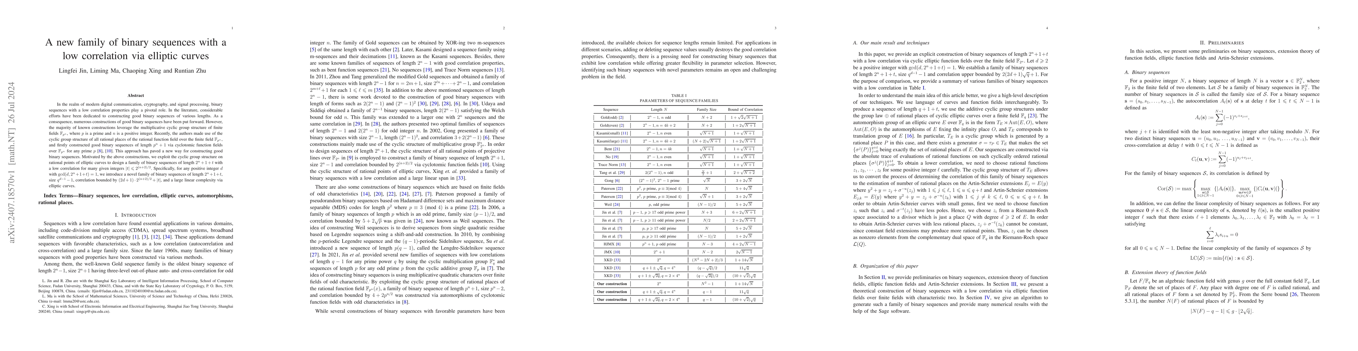 Thumbnail for A new family of binary sequences with a low correlation via elliptic
  curves