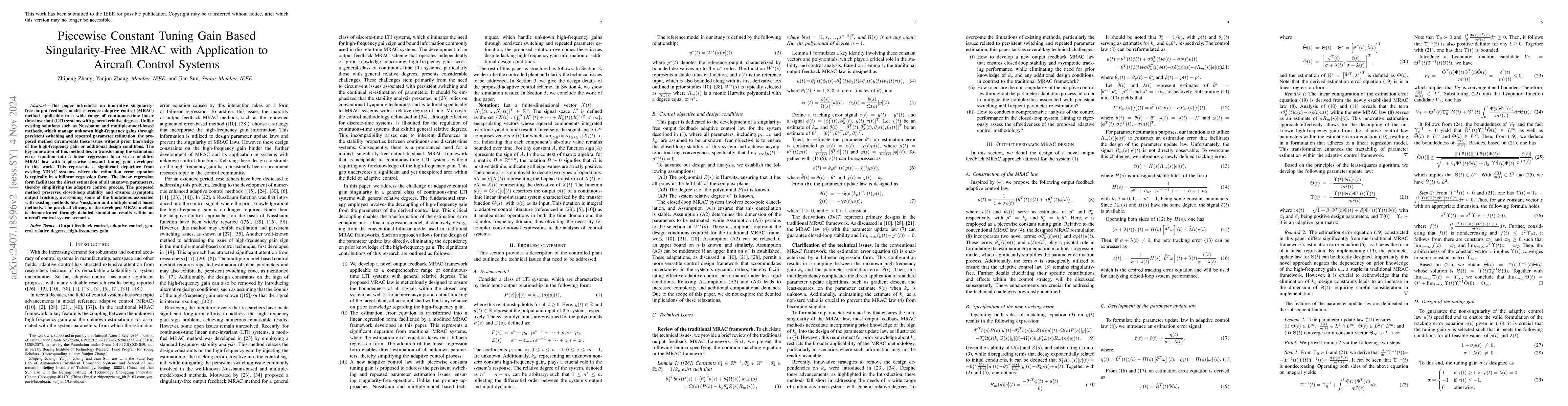 Thumbnail for Piecewise constant tuning gain based singularity-free MRAC with
  application to aircraft control systems