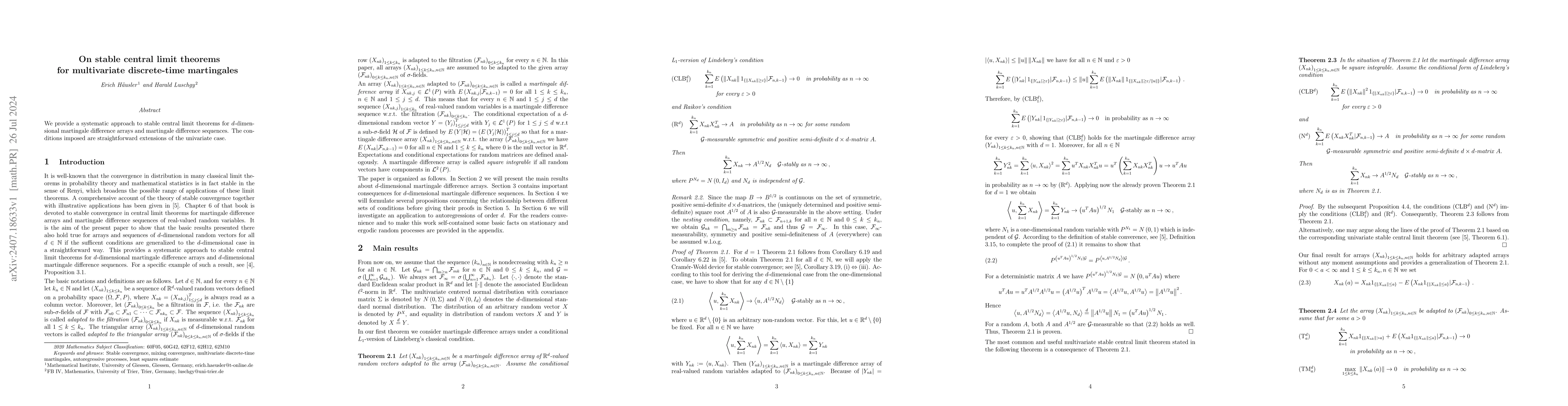 Thumbnail for On stable central limit theorems for multivariate discrete-time
  martingales