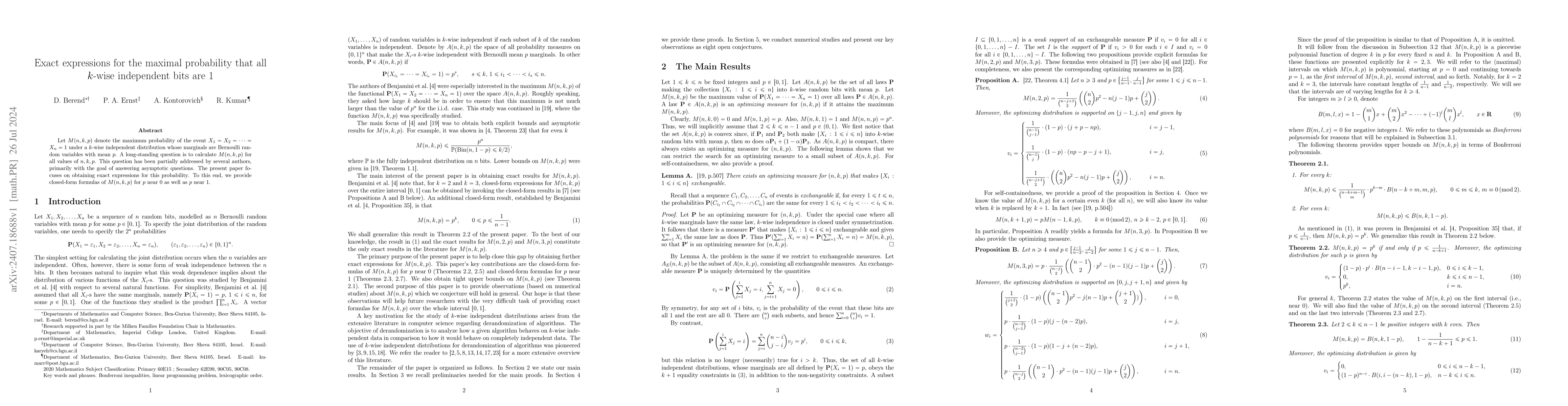 Thumbnail for Exact expressions for the maximal probability that all $k$-wise
  independent bits are 1