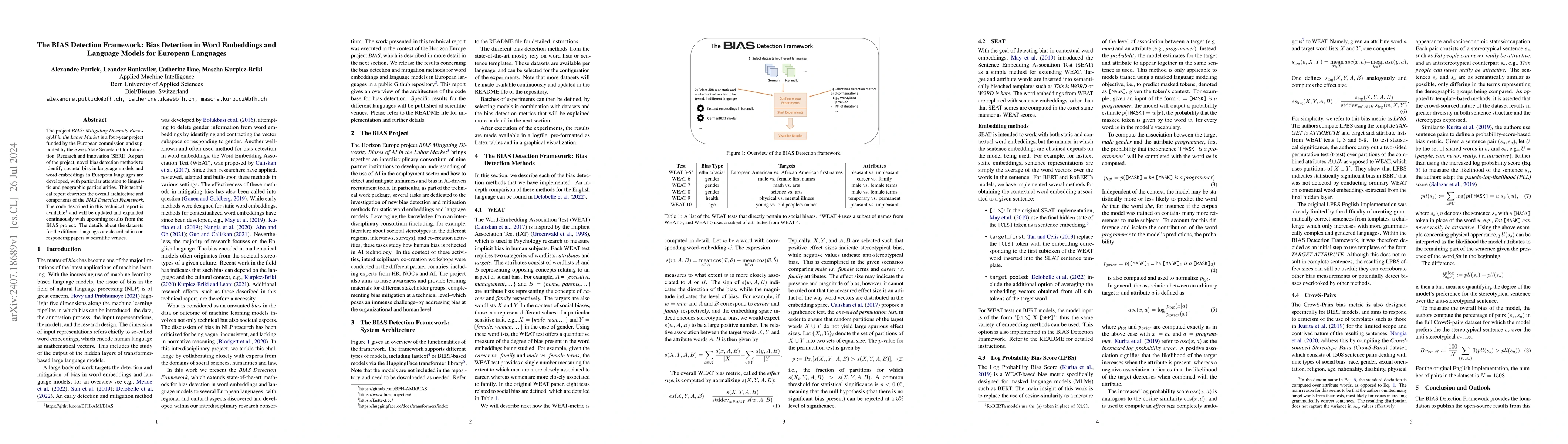Thumbnail for The BIAS Detection Framework: Bias Detection in Word Embeddings and
  Language Models for European Languages