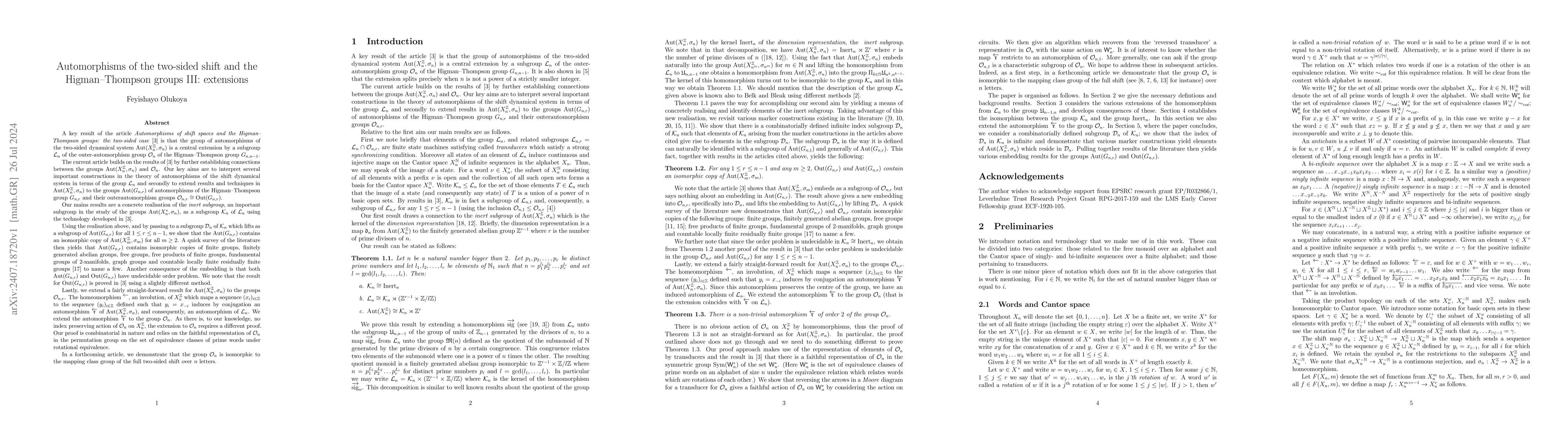 Thumbnail for Automorphisms of the two-sided shift and the Higman--Thompson groups
  III: extensions