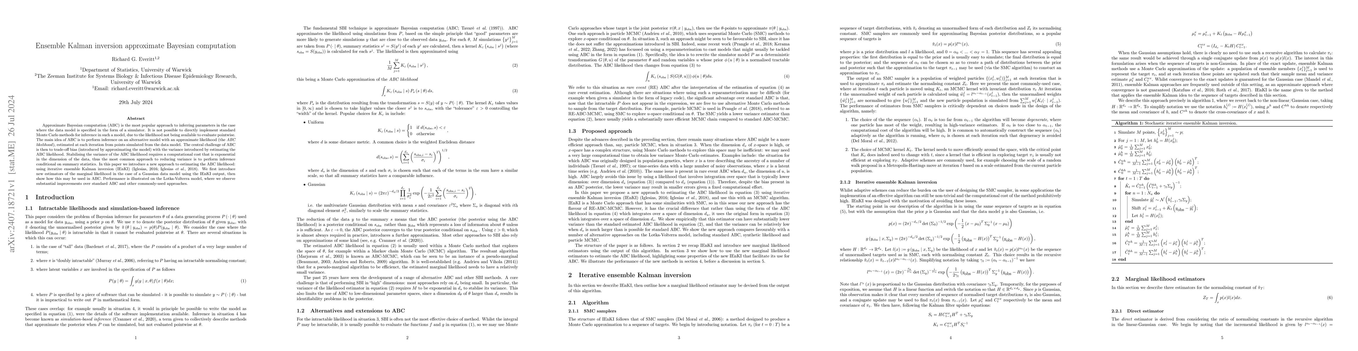 Thumbnail for Ensemble Kalman inversion approximate Bayesian computation