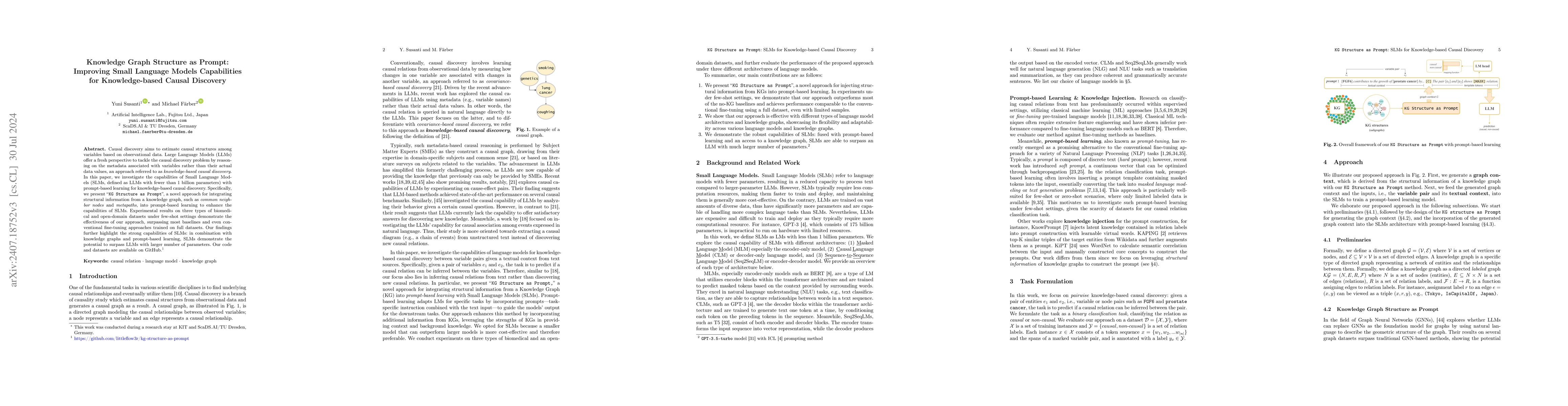 Thumbnail for Knowledge Graph Structure as Prompt: Improving Small Language Models
  Capabilities for Knowledge-based Causal Discovery