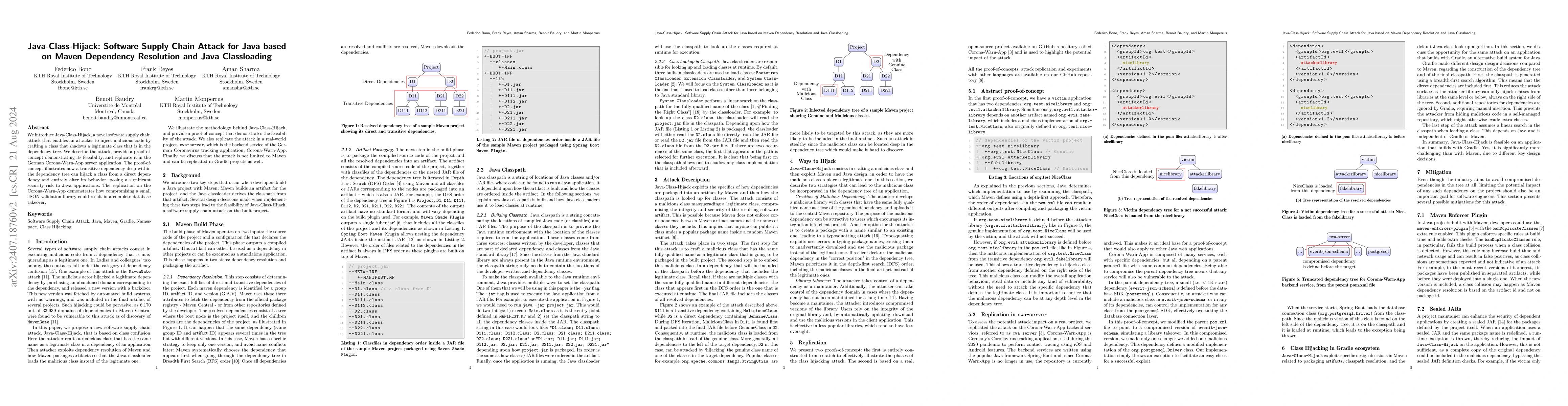 Thumbnail for Java-Class-Hijack: Software Supply Chain Attack for Java based on Maven
  Dependency Resolution and Java Classloading