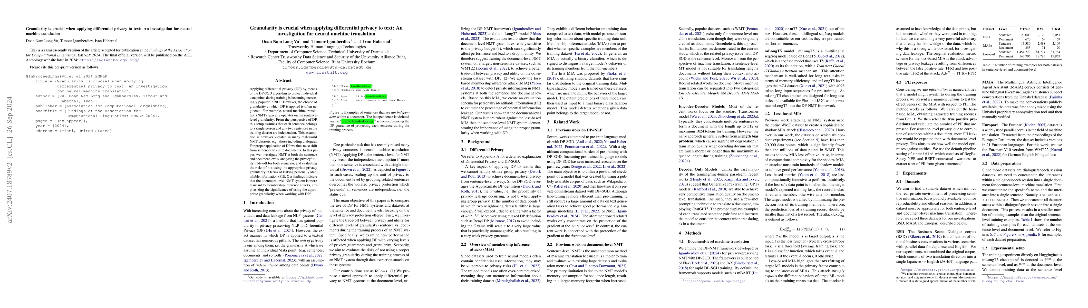 Thumbnail for Granularity is crucial when applying differential privacy to text: An
  investigation for neural machine translation