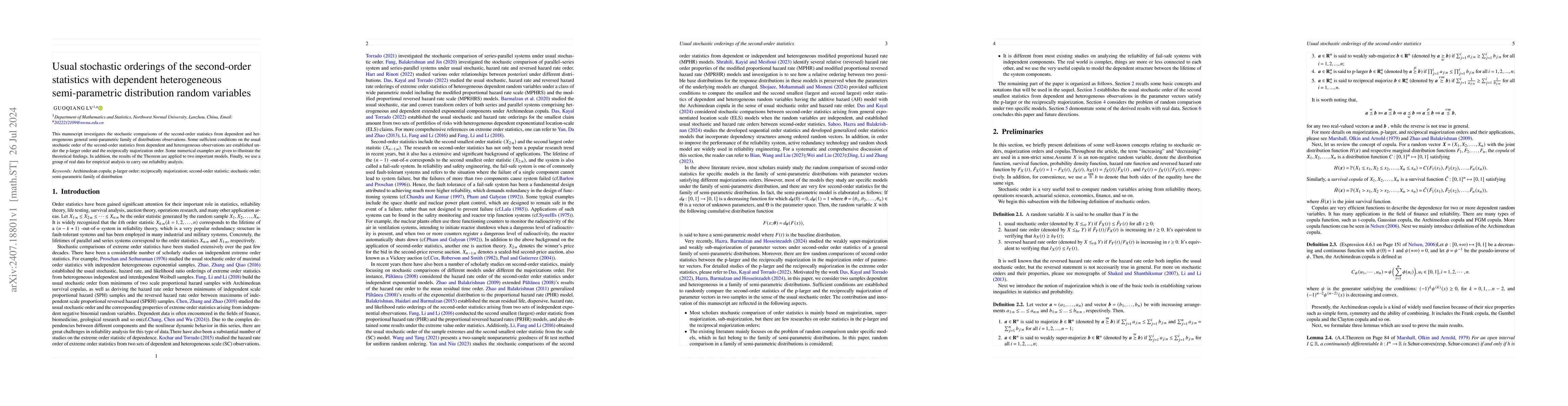 Thumbnail for Usual stochastic orderings of the second-order statistics with dependent
  heterogeneous semi-parametric distribution random variables