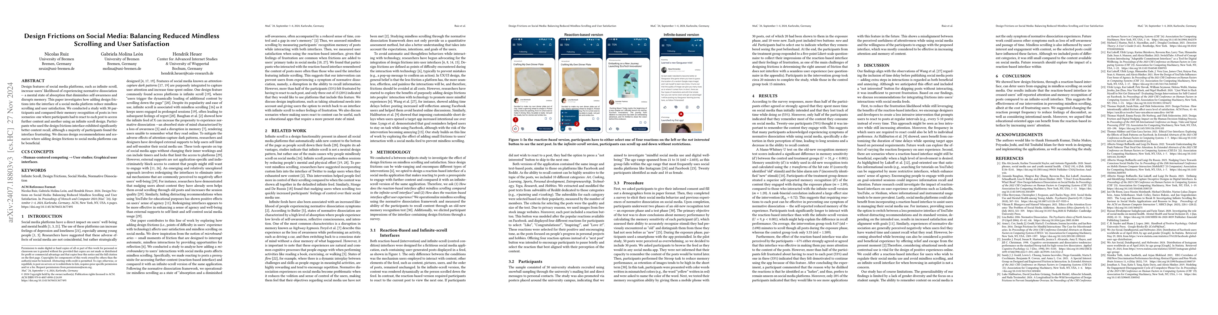 Thumbnail for Design Frictions on Social Media: Balancing Reduced Mindless Scrolling
  and User Satisfaction