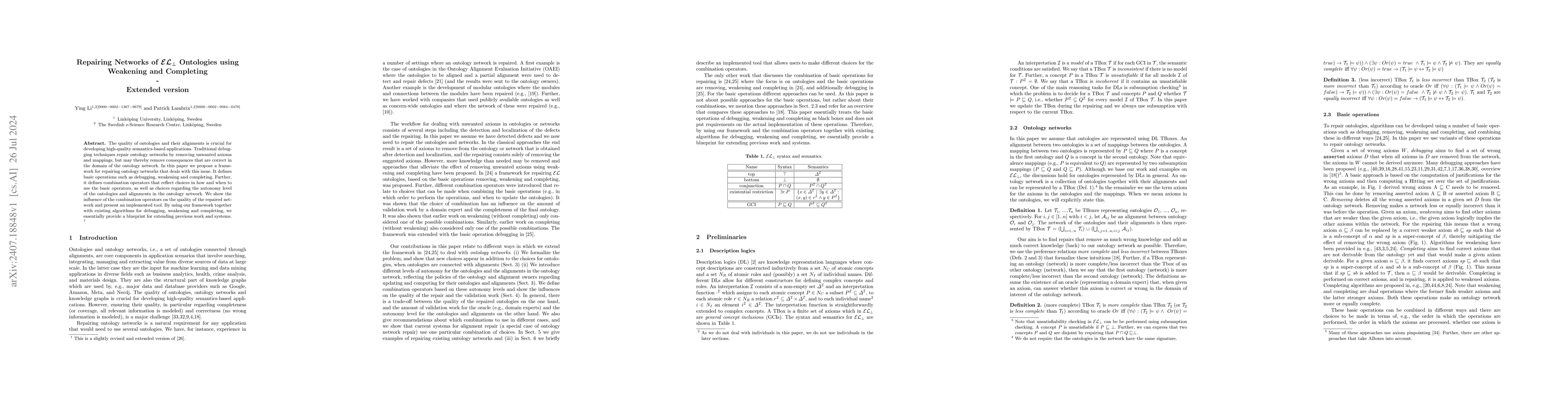Thumbnail for Repairing Networks of $\mathcal{EL_\perp}$ Ontologies using Weakening
  and Completing -- Extended version