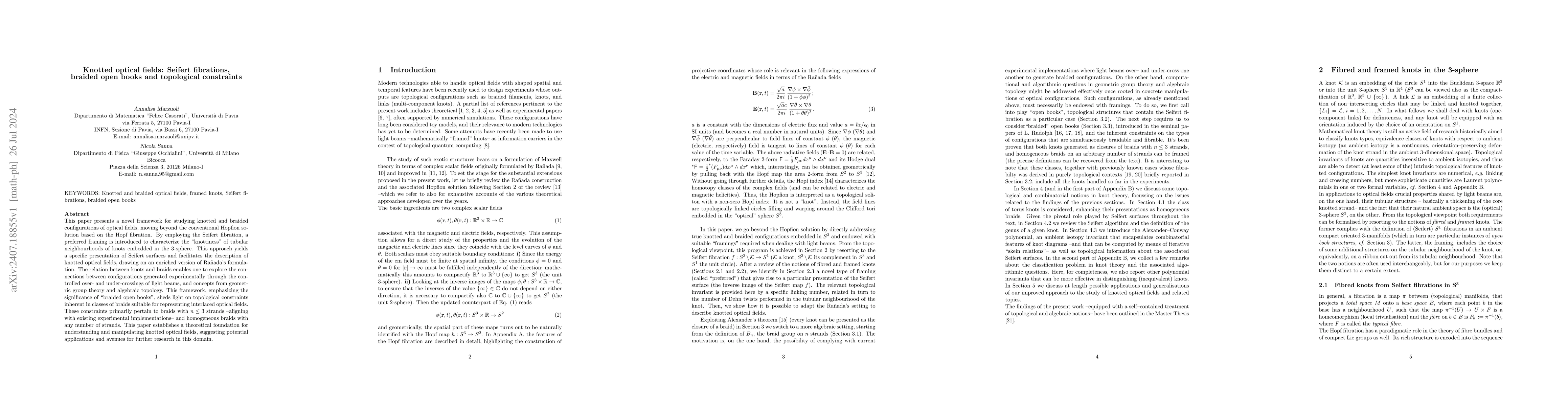 Thumbnail for Knotted optical fields: Seifert fibrations, braided open books and
  topological constraints
