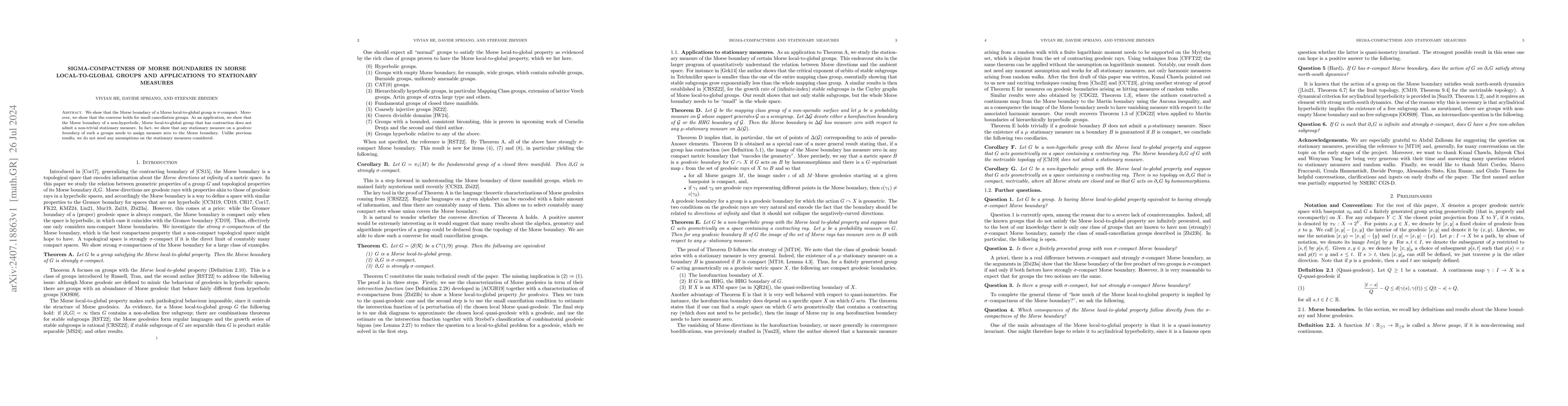 Thumbnail for Sigma-compactness of Morse boundaries in Morse local-to-global groups
  and applications to stationary measures