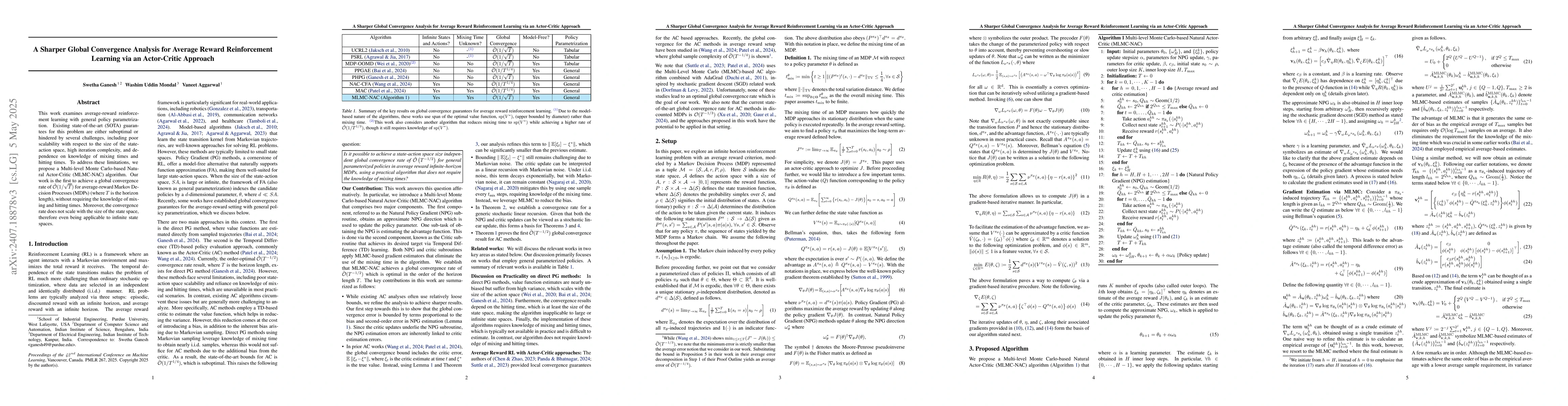 Thumbnail for An Accelerated Multi-level Monte Carlo Approach for Average Reward
  Reinforcement Learning with General Policy Parametrization
