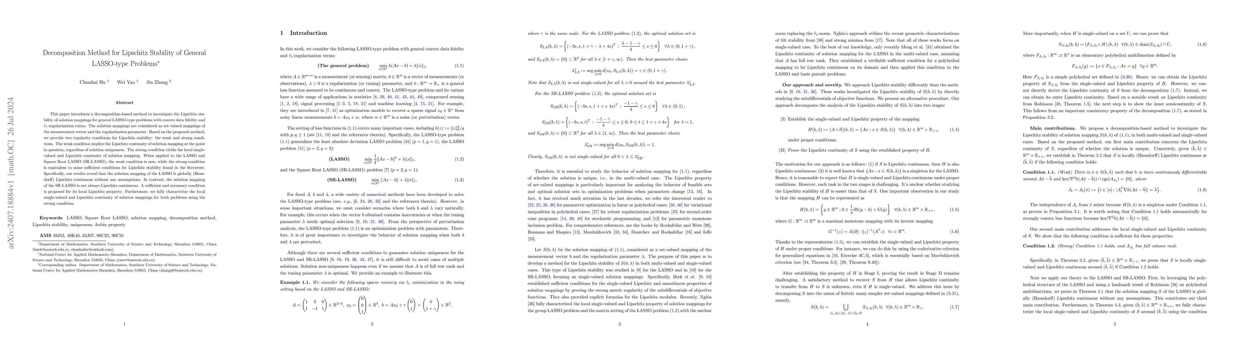 Thumbnail for Decomposition Method for Lipschitz Stability of General LASSO-type
  Problems