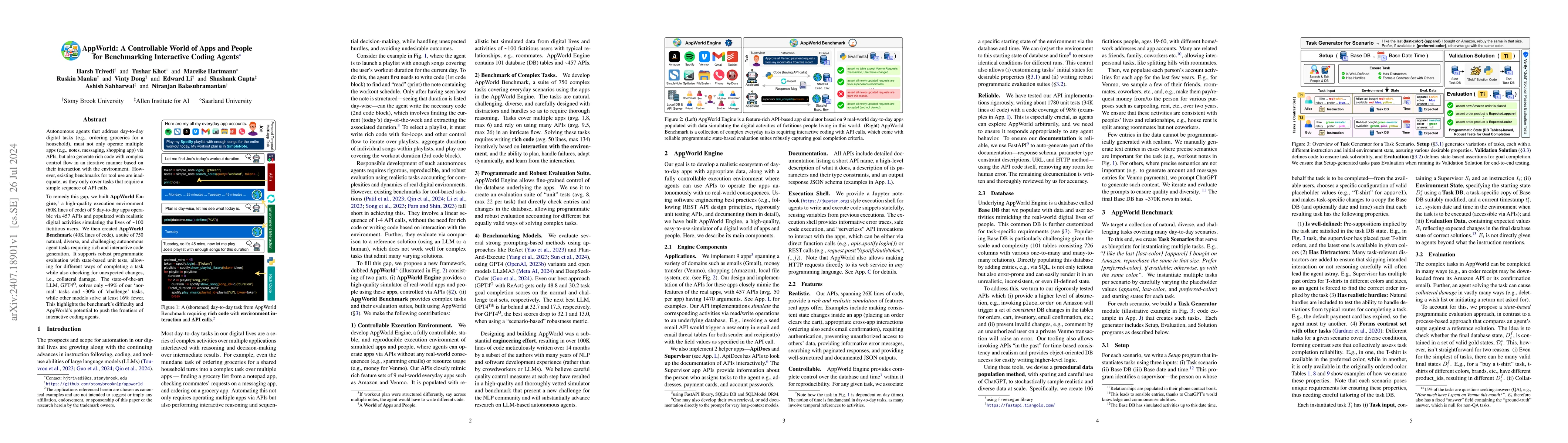 Thumbnail for AppWorld: A Controllable World of Apps and People for Benchmarking
  Interactive Coding Agents