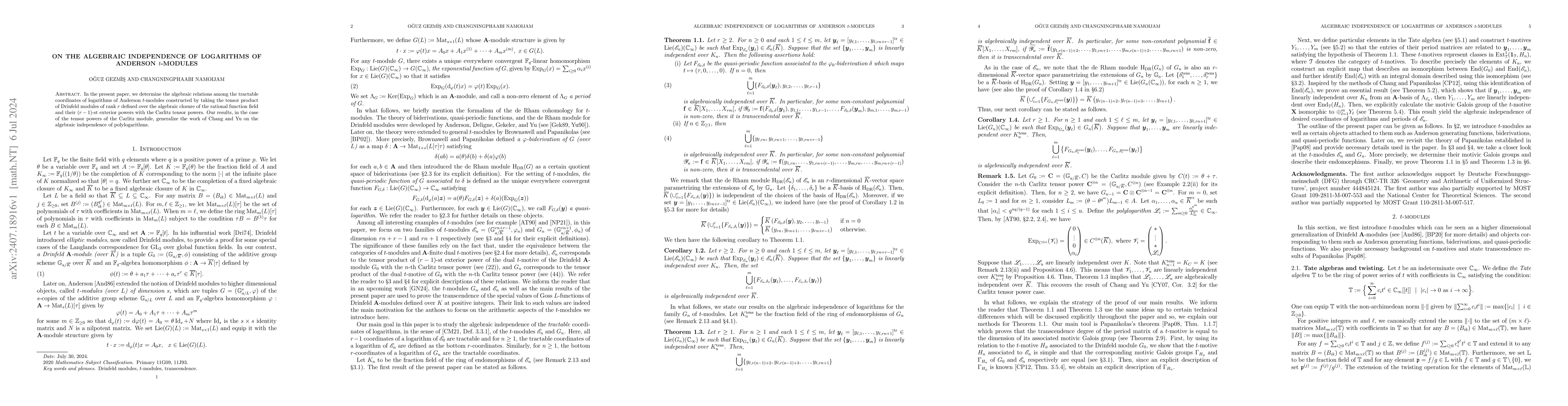 Thumbnail for On the algebraic independence of logarithms of Anderson $t$-modules