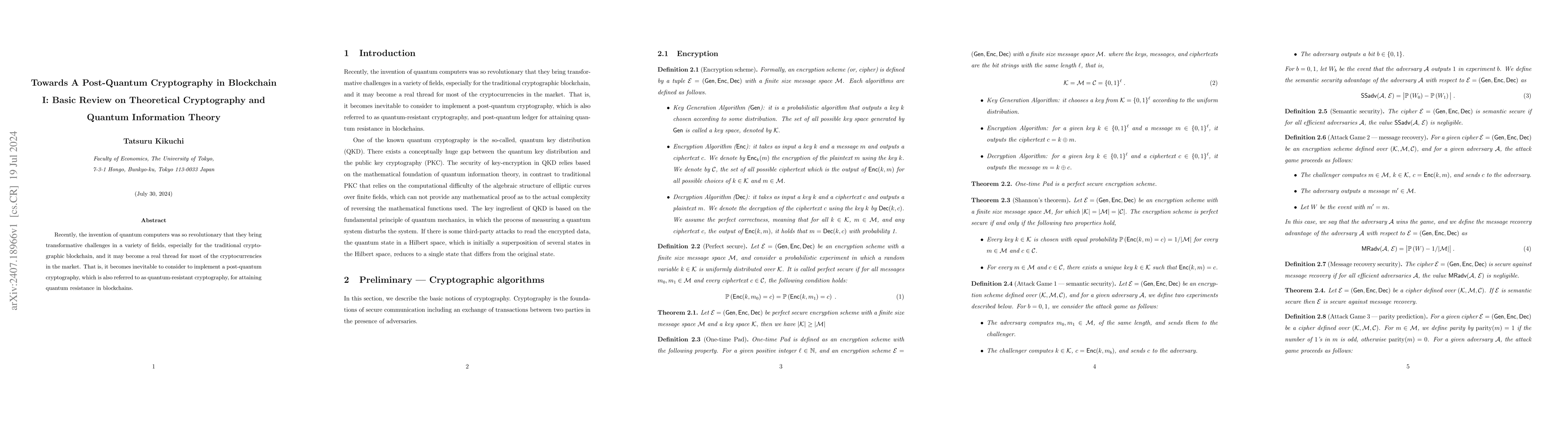 Thumbnail for Towards A Post-Quantum Cryptography in Blockchain I: Basic Review on
  Theoretical Cryptography and Quantum Information Theory