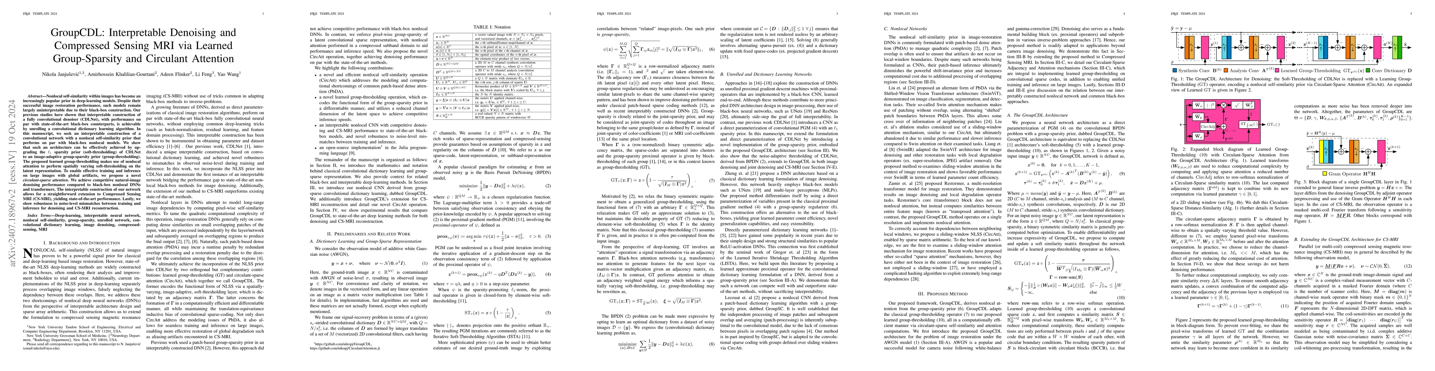 Thumbnail for GroupCDL: Interpretable Denoising and Compressed Sensing MRI via Learned
  Group-Sparsity and Circulant Attention