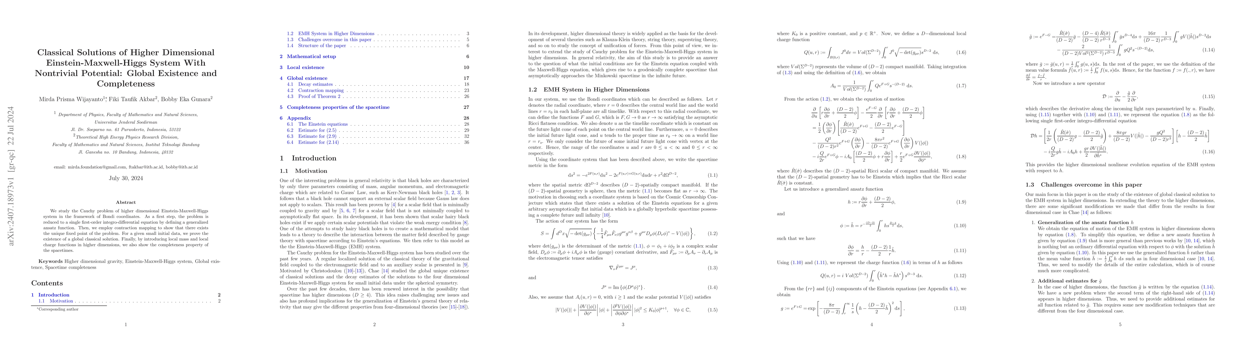 Thumbnail for Classical Solutions of Higher Dimensional Einstein-Maxwell-Higgs System
  With Nontrivial Potential: Global Existence and Completeness