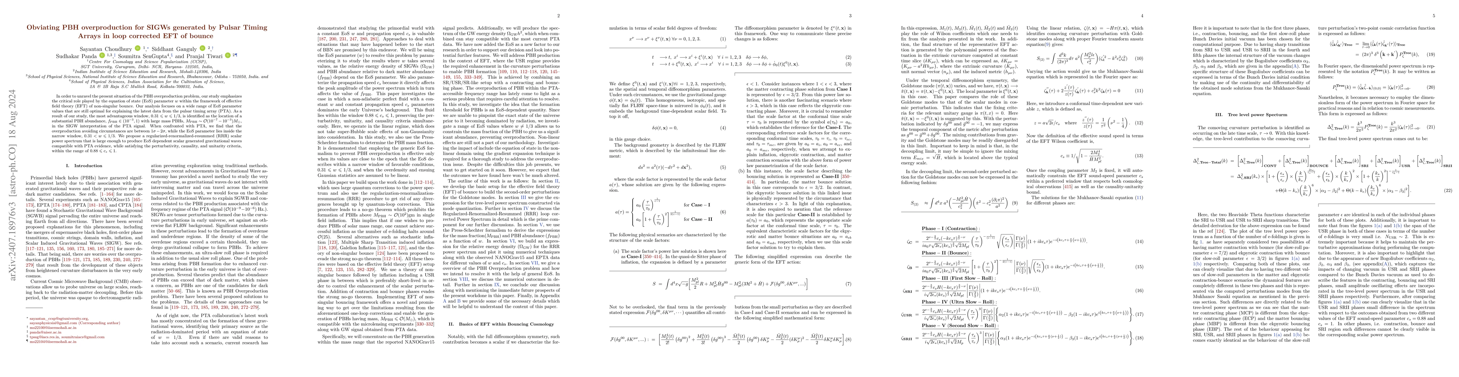 Thumbnail for Obviating PBH overproduction for SIGWs generated by Pulsar Timing Arrays
  in loop corrected EFT of bounce