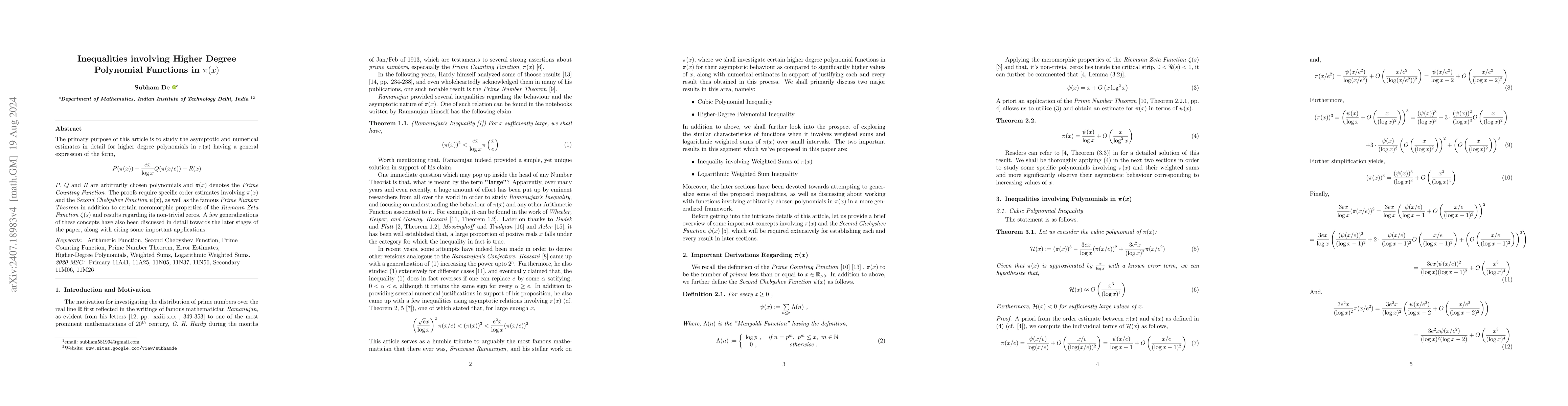 Thumbnail for Inequalities involving Higher Degree Polynomial Functions in $π(x)$