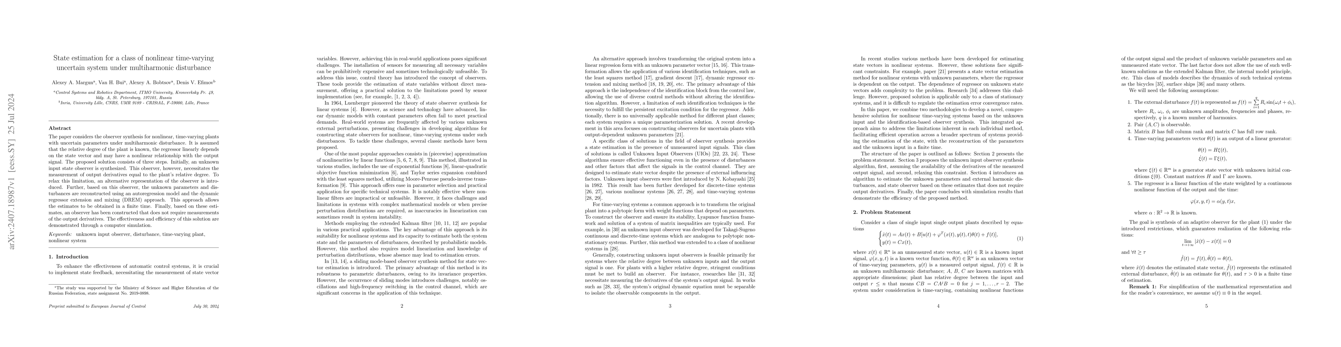 Thumbnail for State estimation for a class of nonlinear time-varying uncertain system
  under multiharmonic disturbance