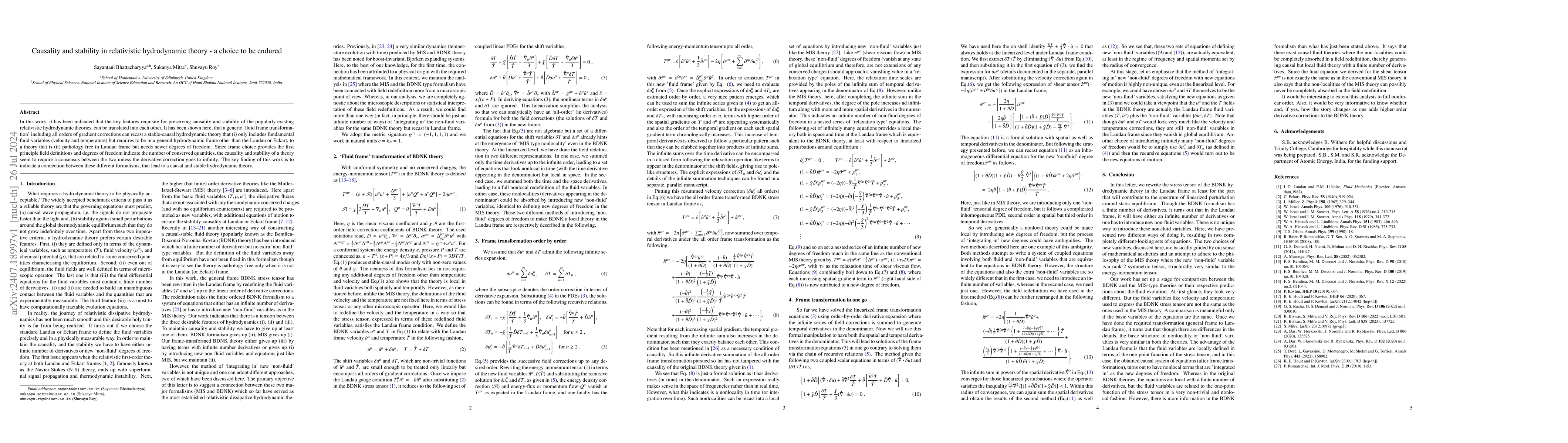 Thumbnail for Causality and stability in relativistic hydrodynamic theory -- a choice
  to be endured