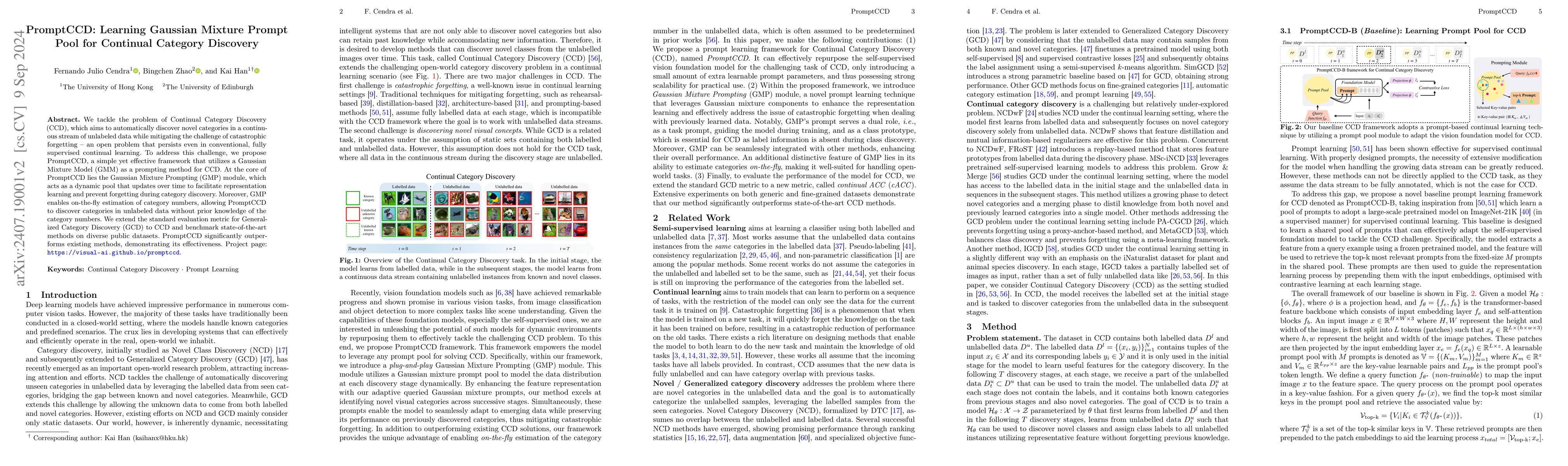Thumbnail for PromptCCD: Learning Gaussian Mixture Prompt Pool for Continual Category
  Discovery