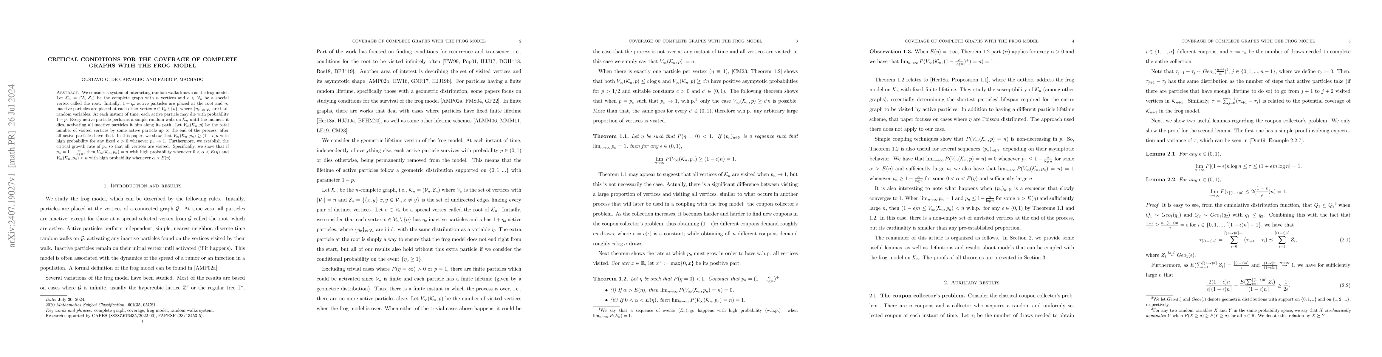 Thumbnail for Critical Conditions for the Coverage of Complete Graphs with the Frog
  Model