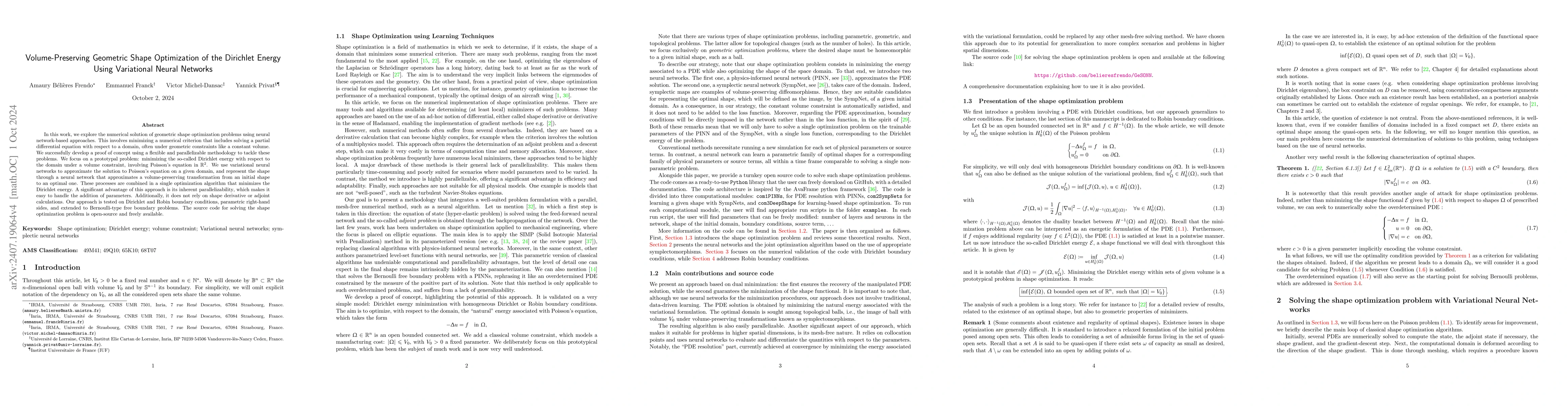 Thumbnail for Volume-preserving geometric shape optimization of the Dirichlet energy
  using variational neural networks