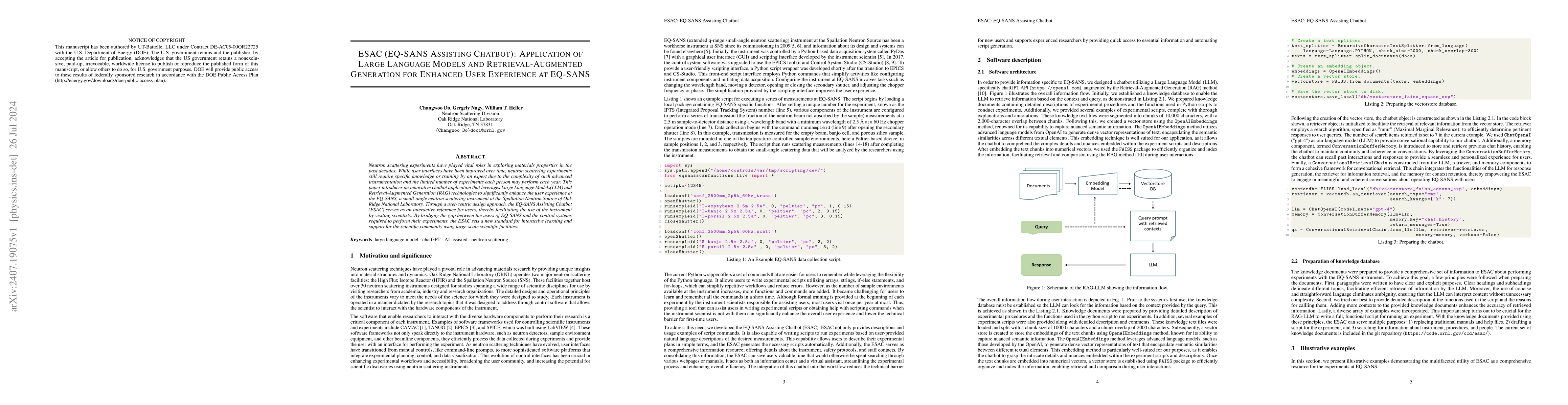 Thumbnail for ESAC (EQ-SANS Assisting Chatbot): Application of Large Language Models
  and Retrieval-Augmented Generation for Enhanced User Experience at EQ-SANS