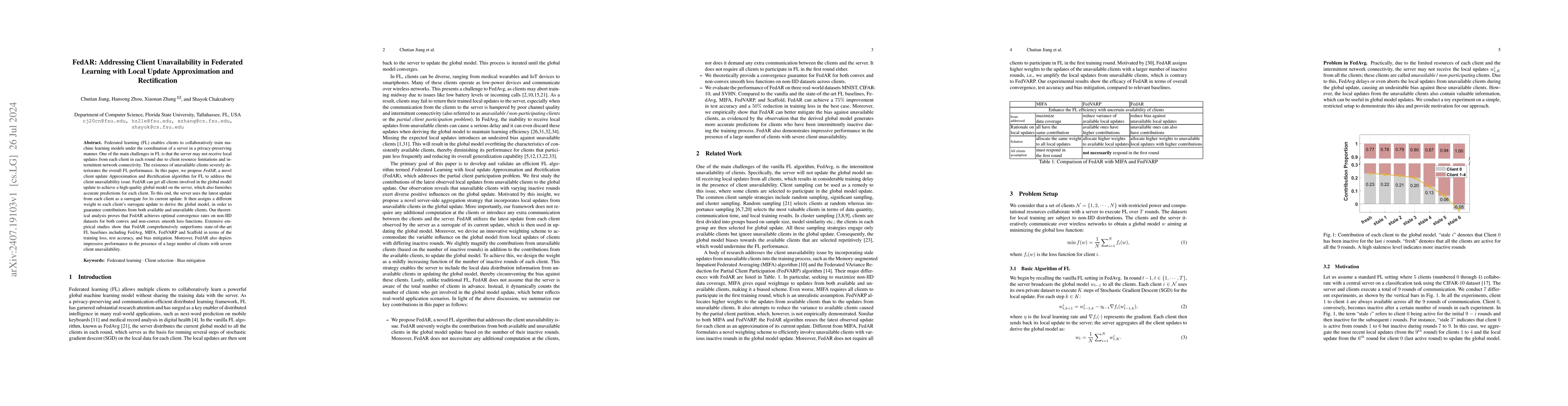 Thumbnail for FedAR: Addressing Client Unavailability in Federated Learning with Local
  Update Approximation and Rectification
